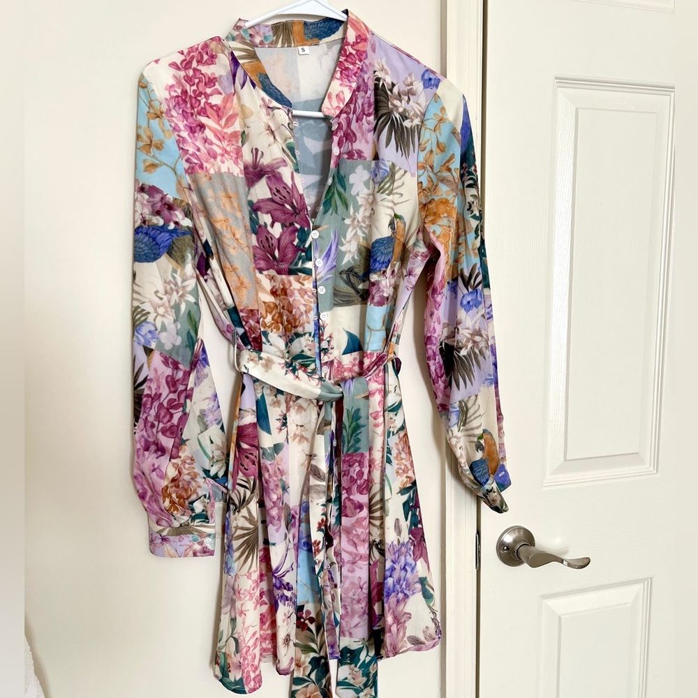 Floral Button Front Belted Shirt Dress